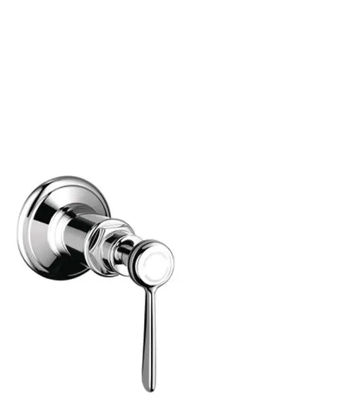 Chromfarbenes Unterputz-Absperrventil mit Hebelgriff von AXOR, montiert an einer Wand. Das Design ist schlicht und funktional.
